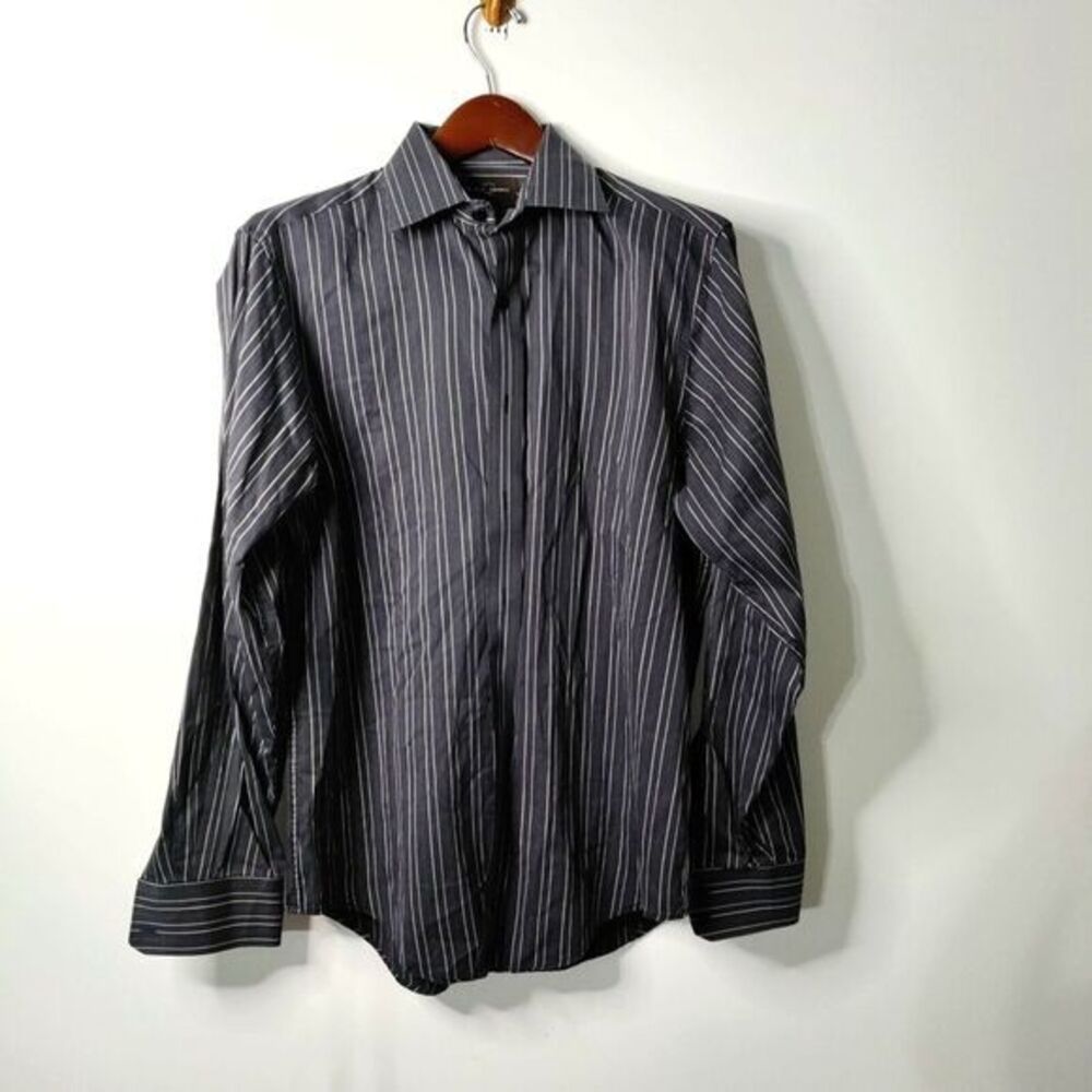 Black Brown 1826 Men M Black/Blue/White Stripe Long Sleeve Button Up Dress Shirt - Picture 2 of 8
